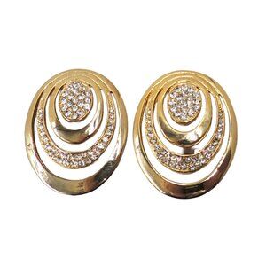 Vintage Mimi di N Oval Rhinestone Runway Statement Clip Earrings, 1984